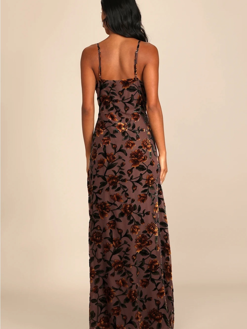 Lulu's Strapless Brown Velvet Floral Maxi Dress with Rust Blooms - Picture 3 of 7